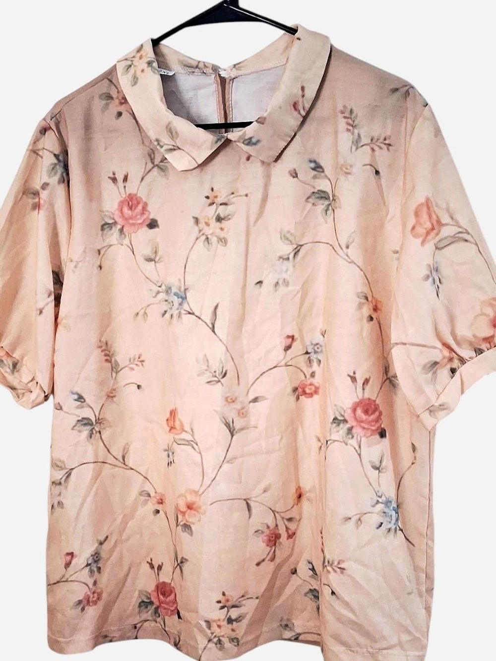 Blush Floral Short-Sleeve Top with Peter Pan Collar